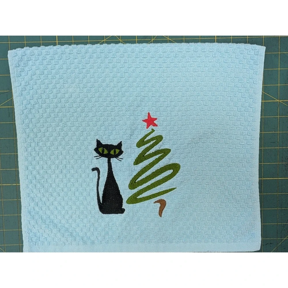 Christmas Swirl Tree Retro Cat Mid Century Modern Atomic Kitchen Bath Hand Towel